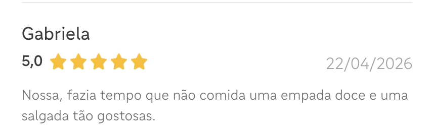 Avaliação 5 estrelas de Gabriela sobre a Empada da Casa