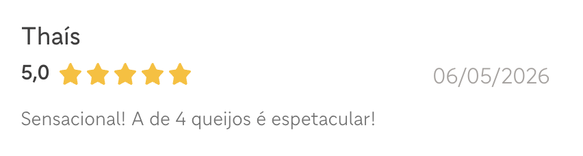 Avaliação 5 estrelas de Thais sobre a Empada da Casa