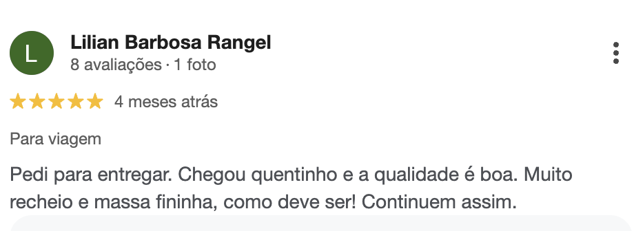 Avaliação 5 estrelas de Lilian sobre a Empada da Casa