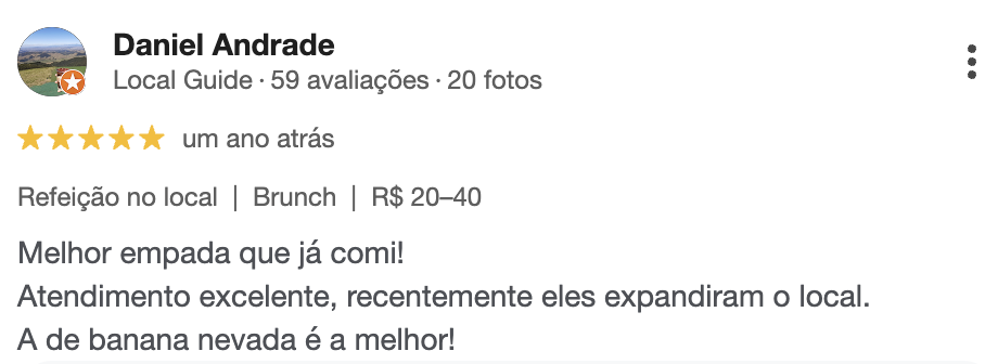 Avaliação 5 estrelas de Daniel Andrade sobre a Empada da Casa