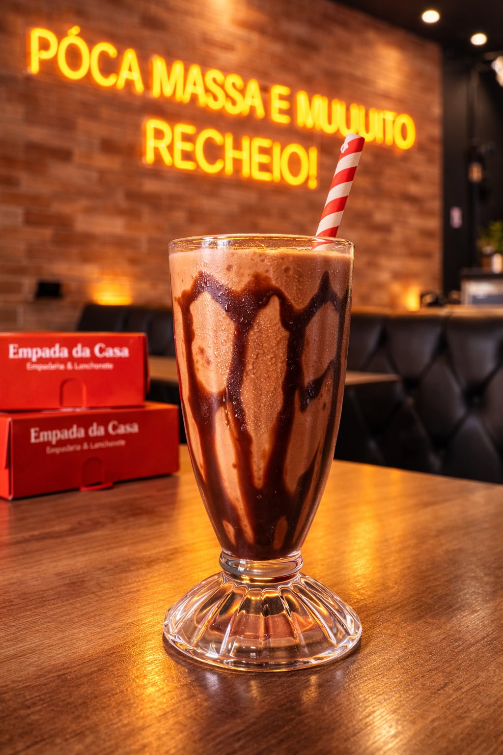 Milkshake de chocolate da Empada da Casa com calda escorrendo, ao lado de caixas para viagem